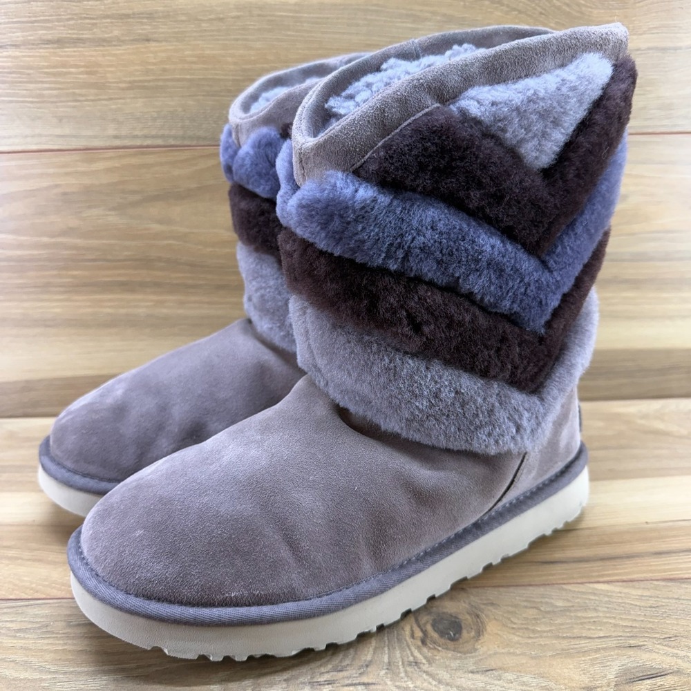 UGG Tania Chevron Stormy Gray Boots Womens 9 Suede Sherpa Fur Mid Calf Cozy - Picture 3 of 12